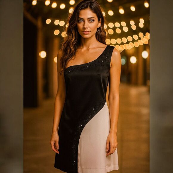 Rampage One-Shoulder Black Satin Dress 7 Beaded Asymmetrical Y2K Glam Cocktail - Picture 1 of 10
